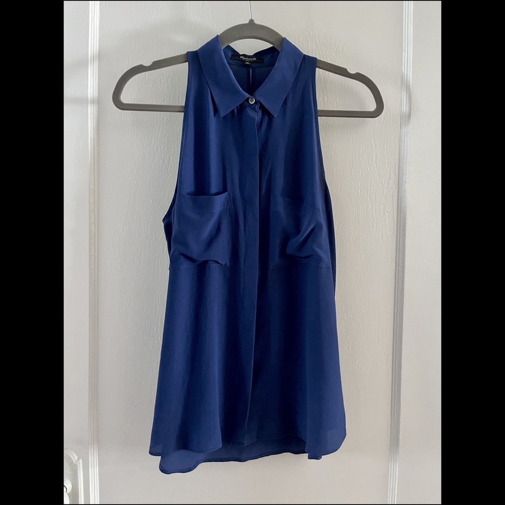 MADEWELL Blue Silk Sleeveless Top with Collars and Back Slit Sz M